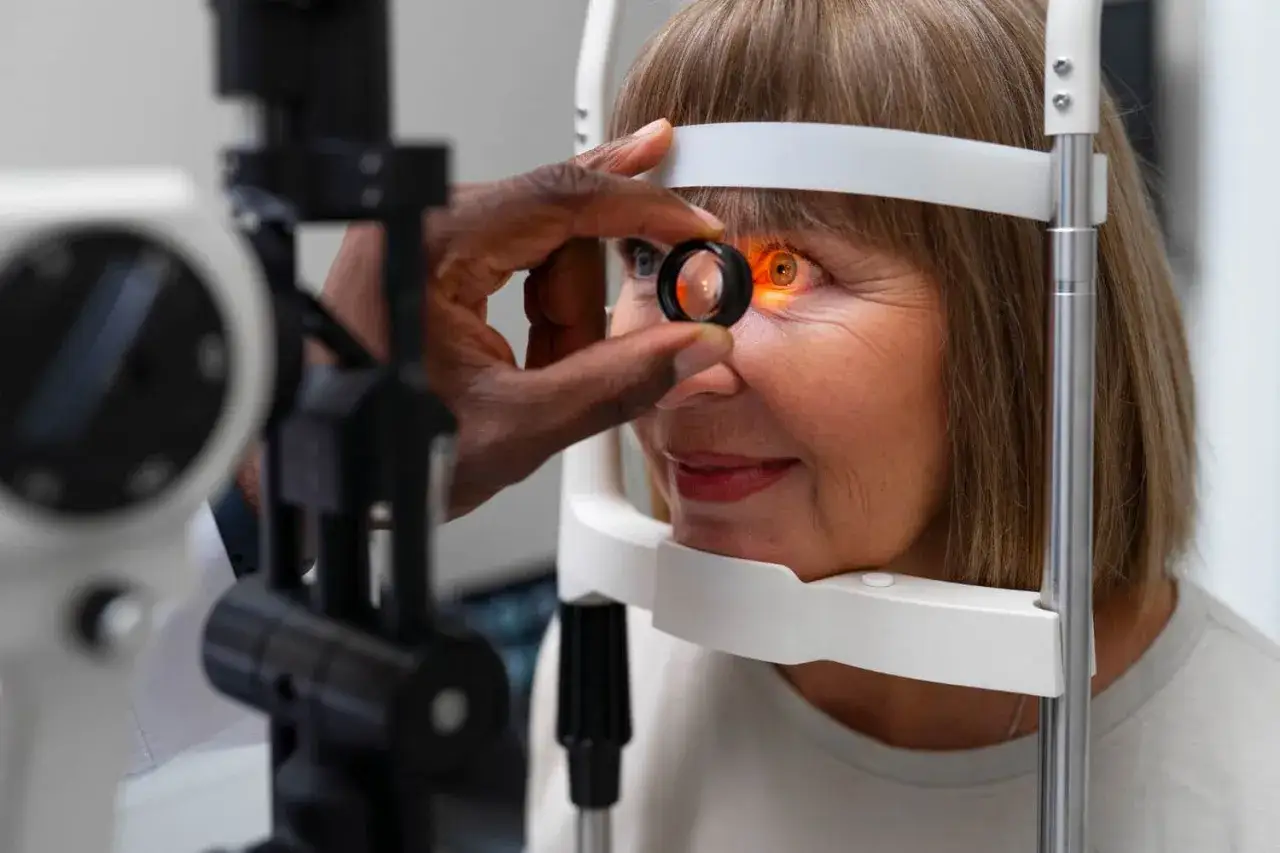 Visita oculistica per un calo della vista da lontano dopo i 50 anni. L'oculista esamina l'occhio di una donna con uno strumento.
