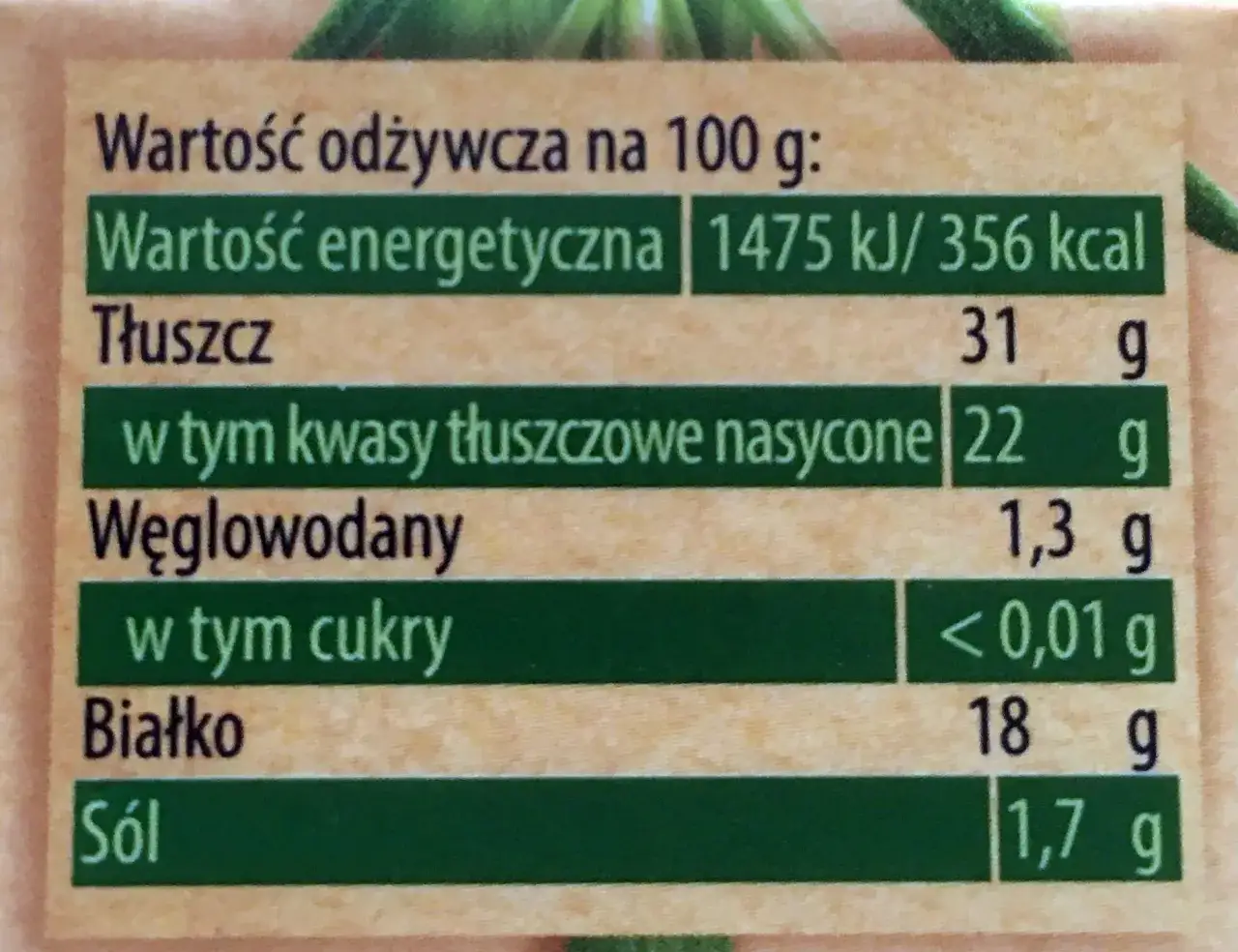 Tabela wartości odżywczych: 100g camemberta ma 356 kcal, 31g tłuszczu, 1,3g węglowodanów i 18g białka.