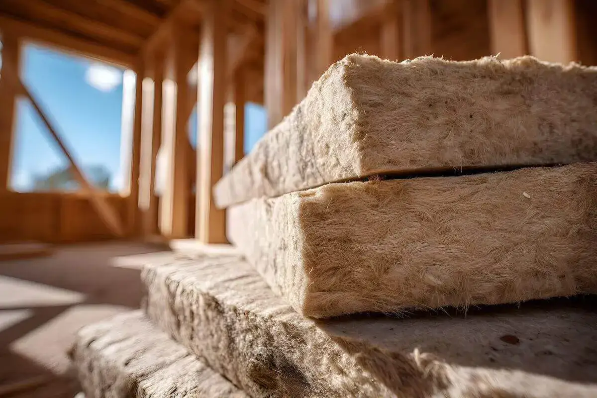 Panneaux d'isolant posés sur le sol d'une maison en construction, offrant une excellente résistance thermique au bois.
