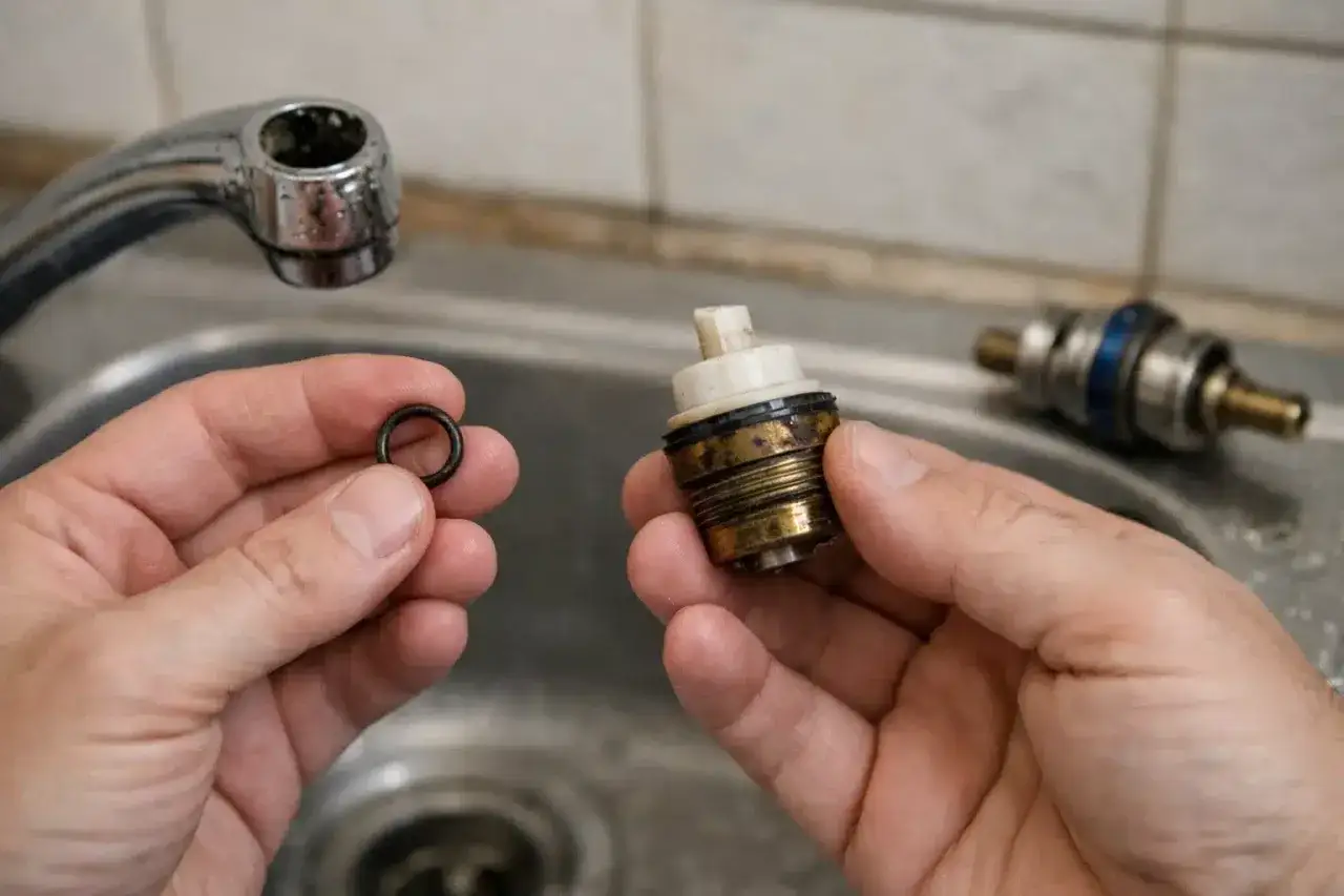 Mains d'un plombier tenant un joint torique et une cartouche de robinet, pour réparer un robinet qui goutte.