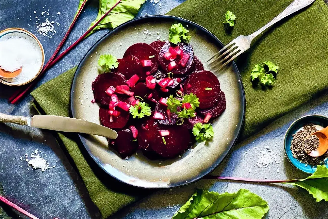 Ein Teller mit traditionellem Rote Bete Salat, garniert mit frischer Petersilie. Daneben liegen frische Rote Bete Blätter und ein Löffel Kümmel.