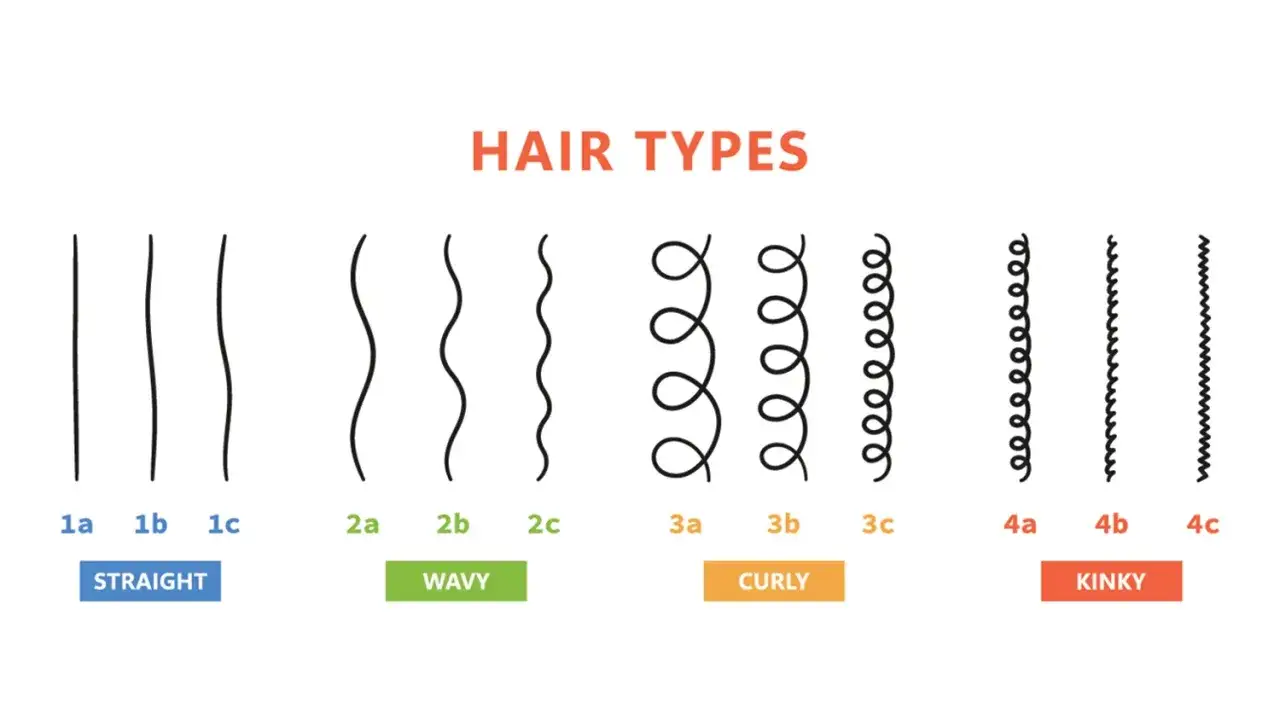 Welche locken habe ich? Die Grafik zeigt Haartypen von glatt (1a-1c) über wellig (2a-2c) und lockig (3a-3c) bis hin zu kraus (4a-4c).