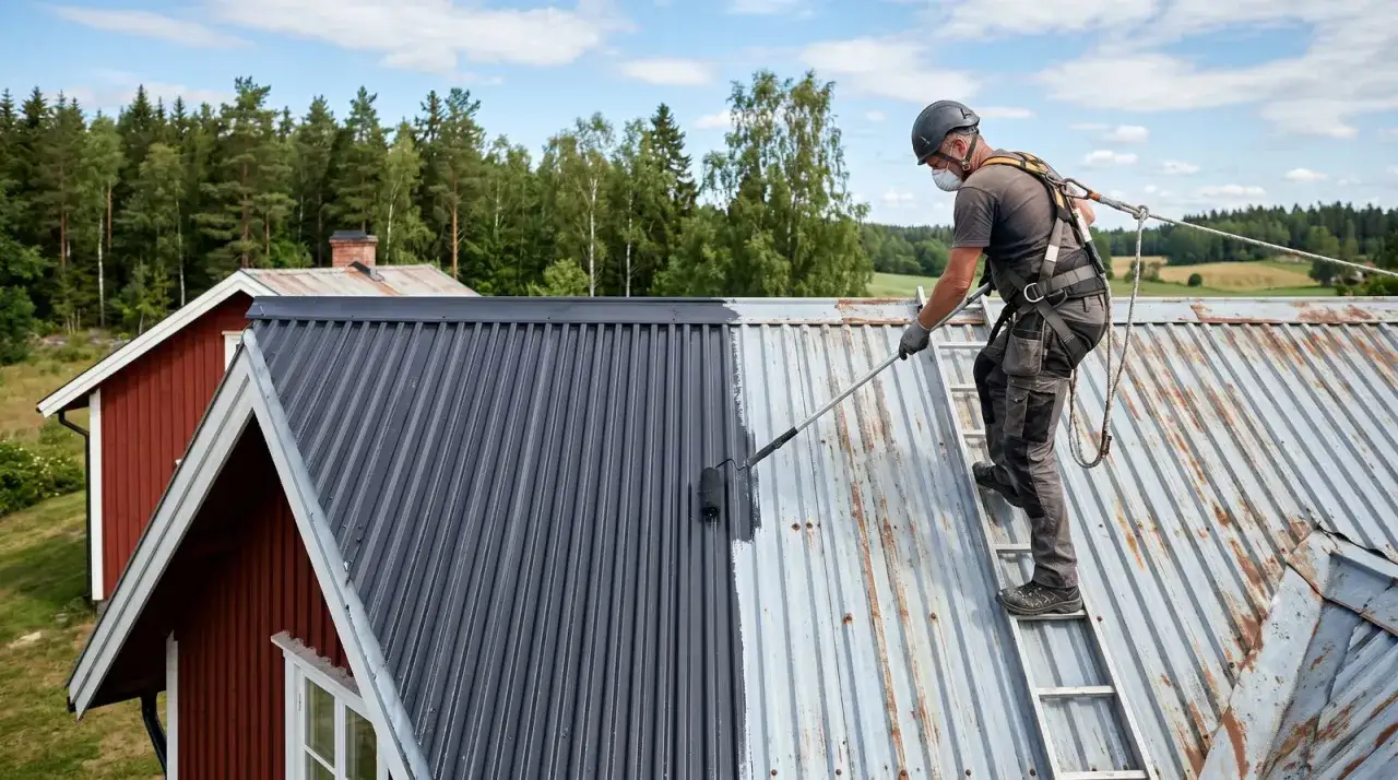 Man m&aring;lar ett pl&aring;ttak i gr&aring;tt. Halva taket &auml;r redan m&aring;lat, andra halvan &auml;r rostig.