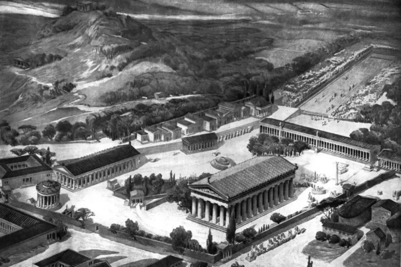 Rekonstruktion der antiken olympischen Spiele: Tempel, Stadien und Trainingsst&auml;tten in Olympia.