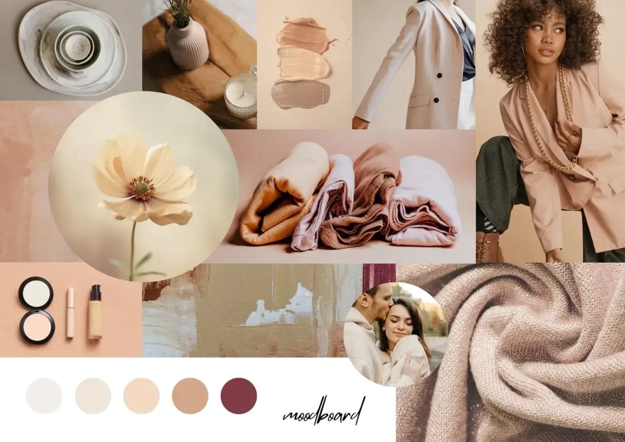 Palette de couleurs douces et textures pour un th&egrave;me de collection mode. Fleurs, v&ecirc;tements pli&eacute;s, maquillage et un couple.