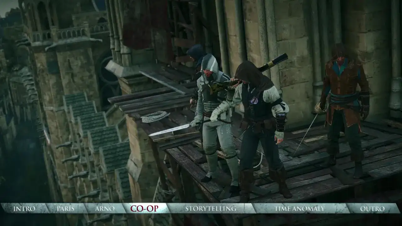 Trzej zabójcy z AC Unity stoją na dachu, gotowi do akcji.