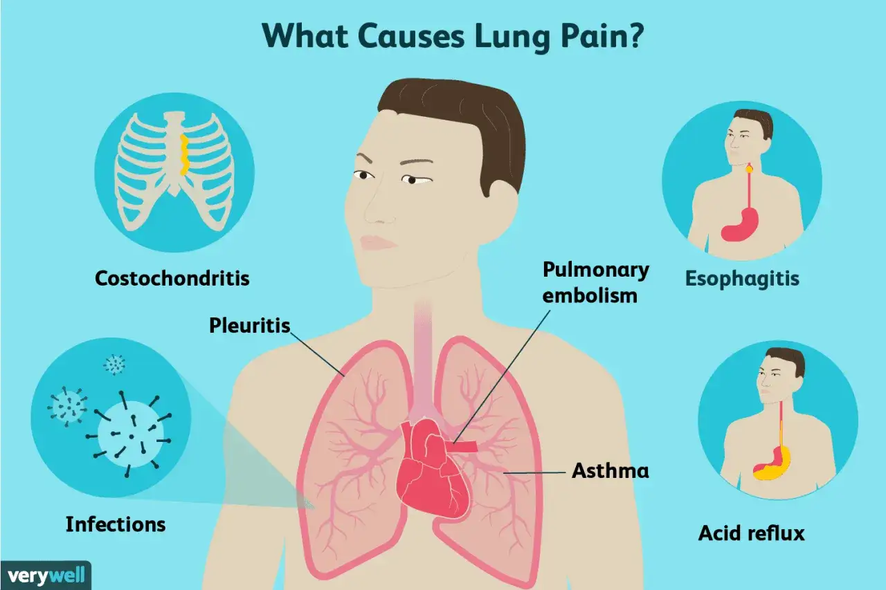 Illustration zeigt Ursachen f&uuml;r Lungenschmerzen, darunter Asthma, das zu Atemnot und Lungenschmerzen f&uuml;hren kann.