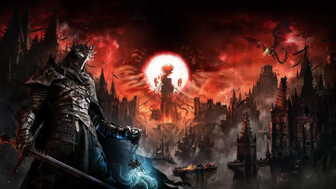 Mroczny rycerz z koroną cierniową i mieczem, na tle płonącego miasta i smoka. To wizja **project awakening**.