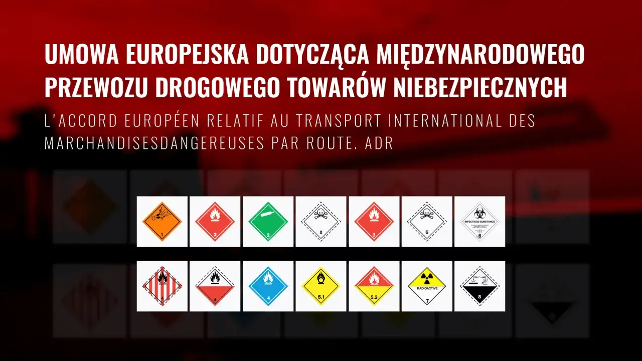 Symbole ADR oznaczające przewóz towarów niebezpiecznych. Umowa europejska reguluje transport drogowy.