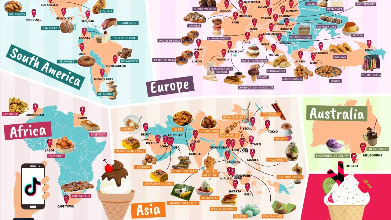 Karte mit internationalen Desserts oder eine Collage verschiedener internationaler S&uuml;&szlig;igkeiten