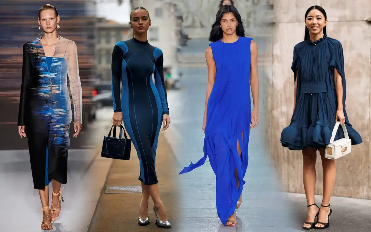 Modelli con abiti blu elettrico e diverse scarpe da abbinare: sandali color pesca, tacchi argento, oro e neri.