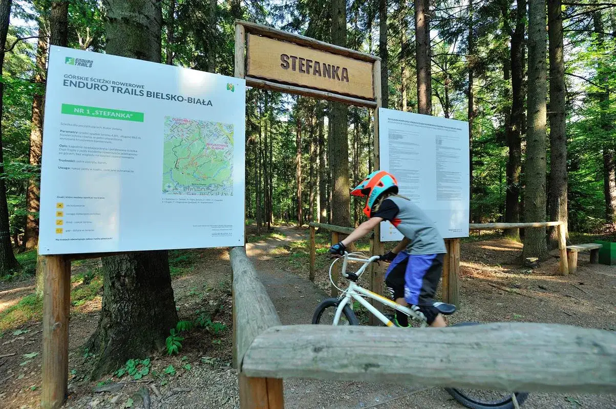 Chłopiec w kasku zjeżdża rowerem po jednej z tras rowerowych w Bielsku-Białej. Tablica informacyjna zapowiada