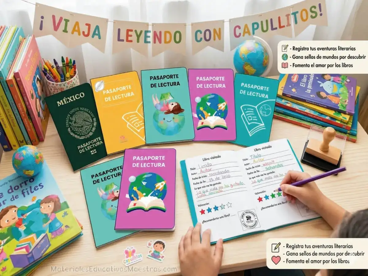 Un lect&oacute;metro para imprimir con pasaportes de lectura, libros y un globo terr&aacute;queo. Fomenta la lectura y el descubrimiento.