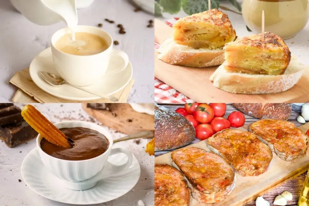 Café con leche, churros con chocolate, tortilla española y pan con tomate. Deliciosas recetas para desayuno.