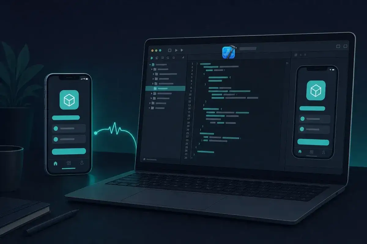 Laptop z kodem i telefonem, na którym widać interfejs aplikacji. To praca programisty z użyciem emulatora.