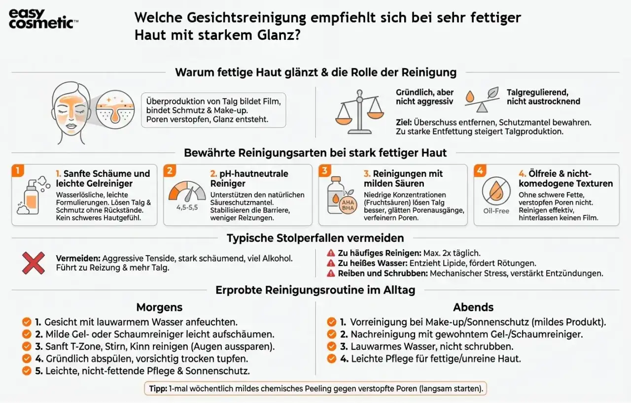 Sanfte Reinigung für fettige Haut: Gel- oder Schaumreiniger, pH-hautneutral, mit milden Säuren oder ölfrei. Vermeide aggressive Produkte.
