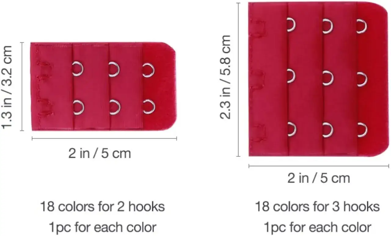 Estensori per reggiseno rossi, uno da 2 ganci (3.2x5 cm) e uno da 3 ganci (5.8x5 cm). Utili per aumentare il comfort.
