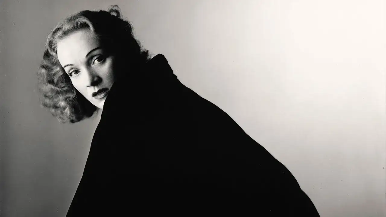 Iconico ritratto di Marlene Dietrich, un capolavoro di un fotografo ritrattista famoso. La sua espressione intensa e il drappeggio nero creano un'aura di mistero.