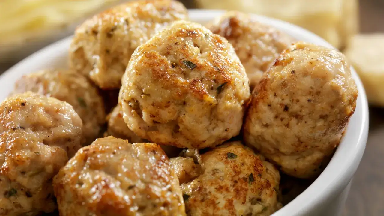 Polpette in bianco dorate e succulente, servite in una ciotola bianca, pronte per essere gustate.