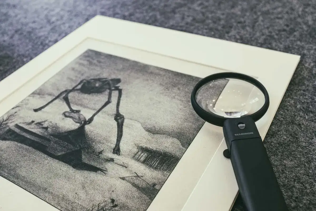 Lupe liegt auf einem gerahmten Bild mit einem Skelett. Man kann das Bild signatur zuordnen.
