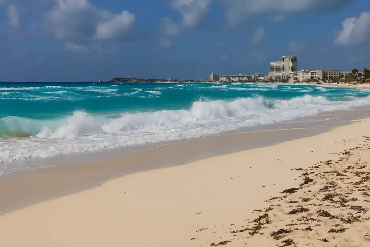 Piękne, turkusowe morze i piaszczysta plaża w Cancun. Czy w Cancun jest bezpiecznie? Turyści cieszą się słońcem i falami.