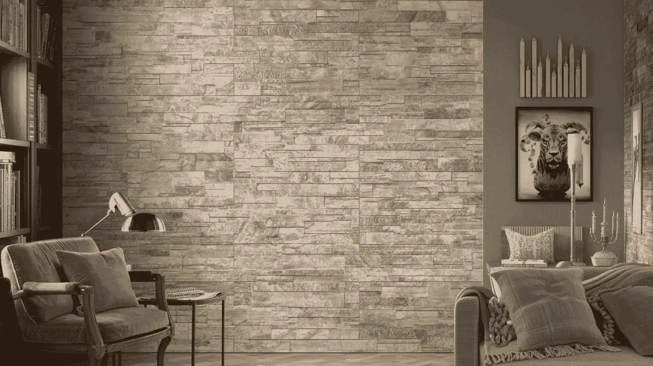 Un sal&oacute;n acogedor con un sof&aacute;, sill&oacute;n y estanter&iacute;as, destacando el acabado r&uacute;stico en paredes de piedra.
