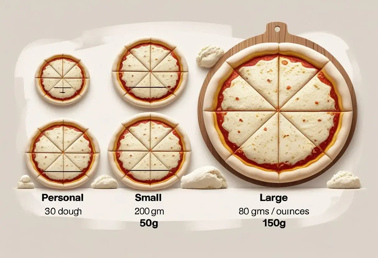 Porównanie rozmiarów pizzy: personalna, mała i duża. Największa pizza 30 cm jest pokrojona na 8 kawałków.