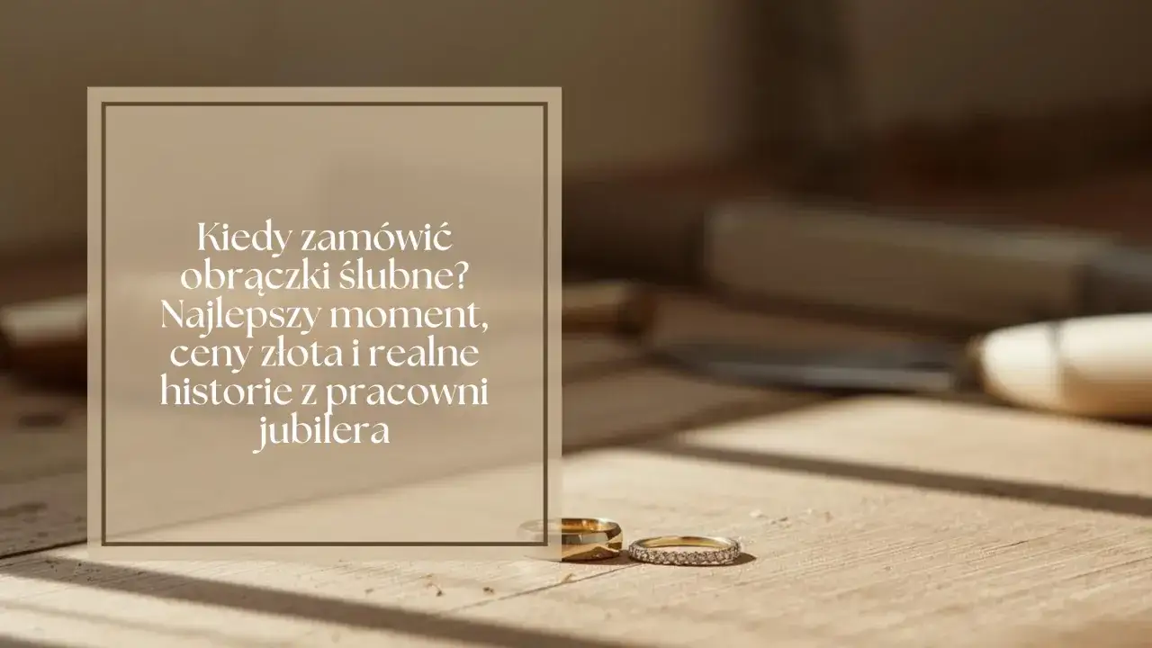 Dwie obrączki, jedna gładka, druga z cyrkoniami, leżą na drewnianym blacie. Tekst informuje o tym, ile dostanę za obrączkę u jubilera.