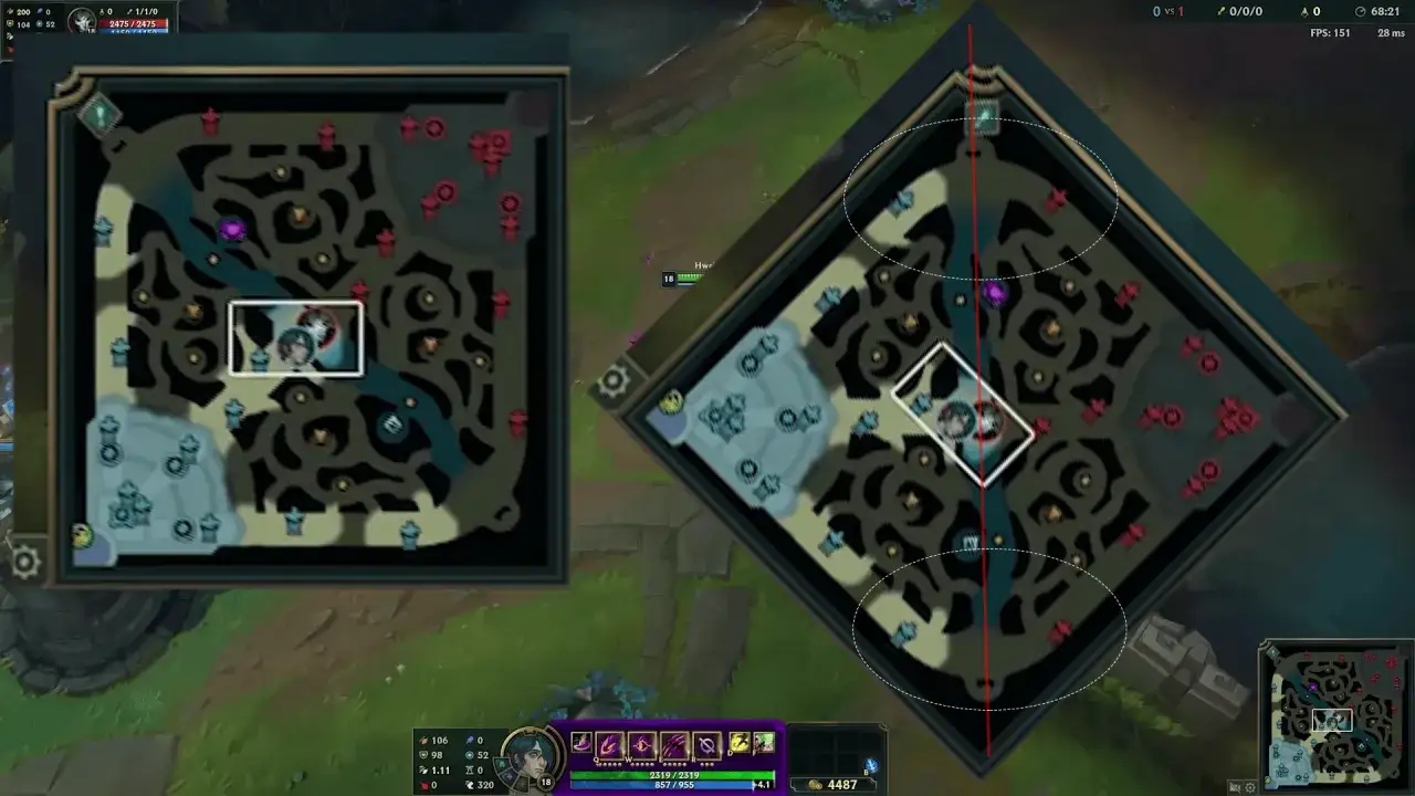 Mapa gry League of Legends. Widać minimapę z zaznaczonym obszarem, gdzie znajduje się postać. To pokazuje, co to znaczy ADC w LoLu &ndash; pozycję na mapie.