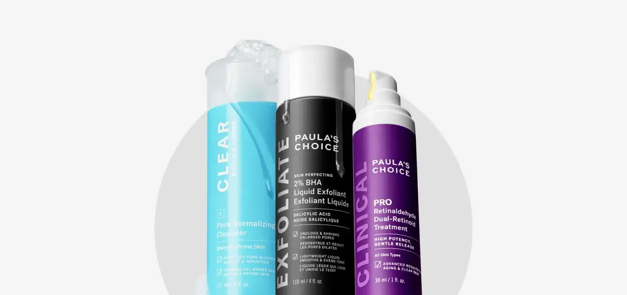 Tre Paula's Choice-produkter f&ouml;r hudv&aring;rd akne: en reng&ouml;ring, en BHA-exfoliering och en Retinaldehyd-behandling.