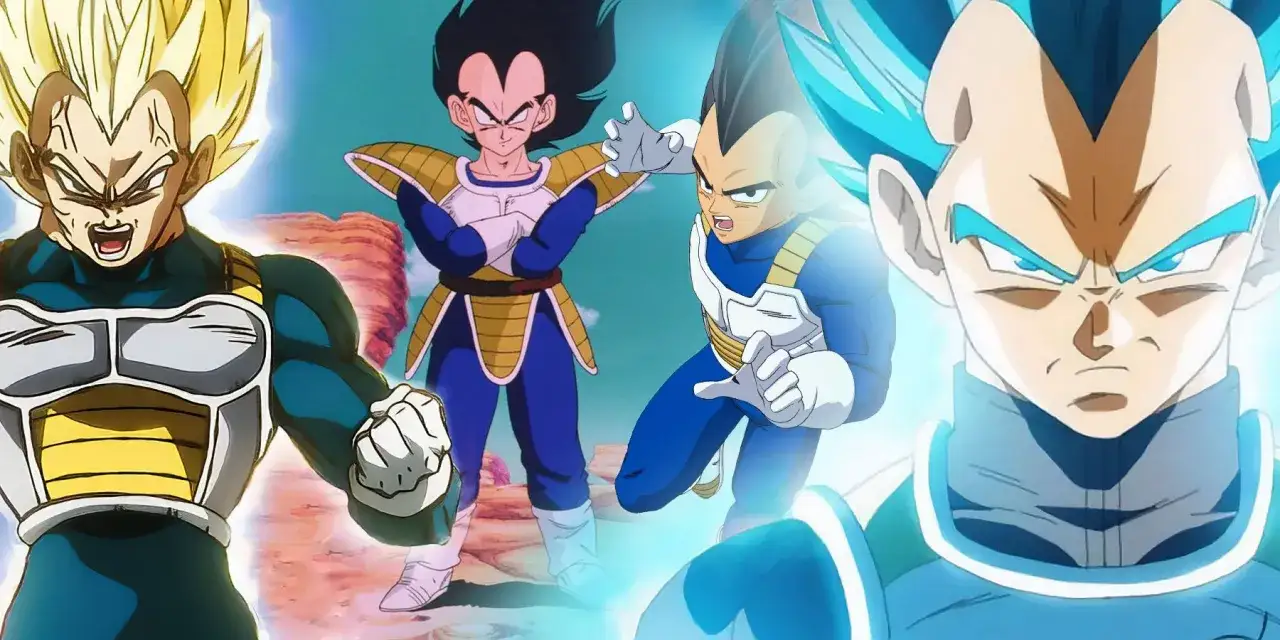 Kolejne transformacje Vegety: od Super Saiyanina do Super Saiyanina Blue, ukazujące jego ewolucję w walce.