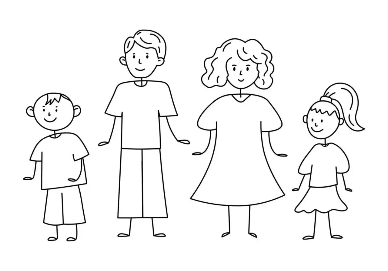 Familia sonriente en arte con lineas. Padre, madre e hijos, un estilo sencillo y alegre.