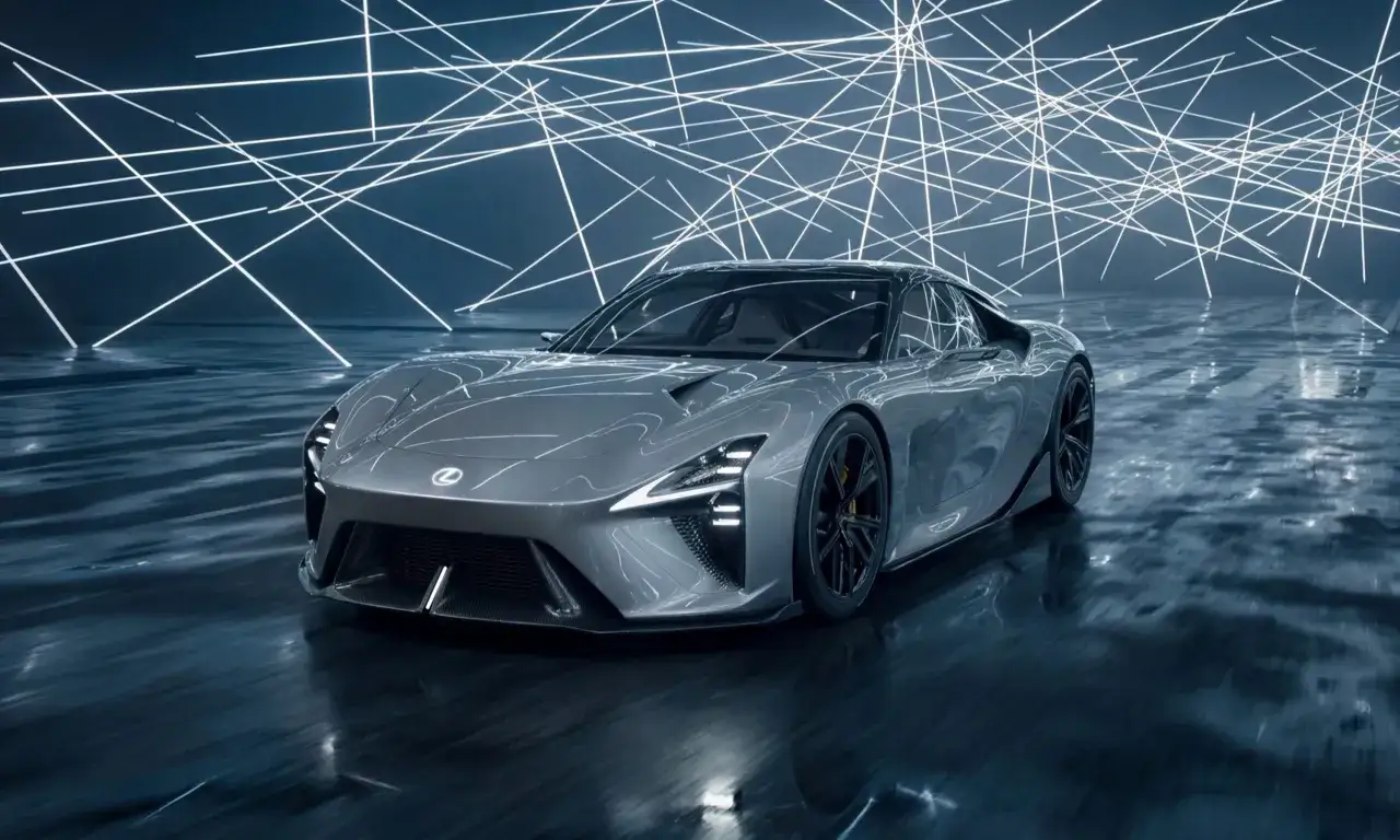 Srebrny Lexus LFA w futurystycznym otoczeniu z neonowymi liniami.