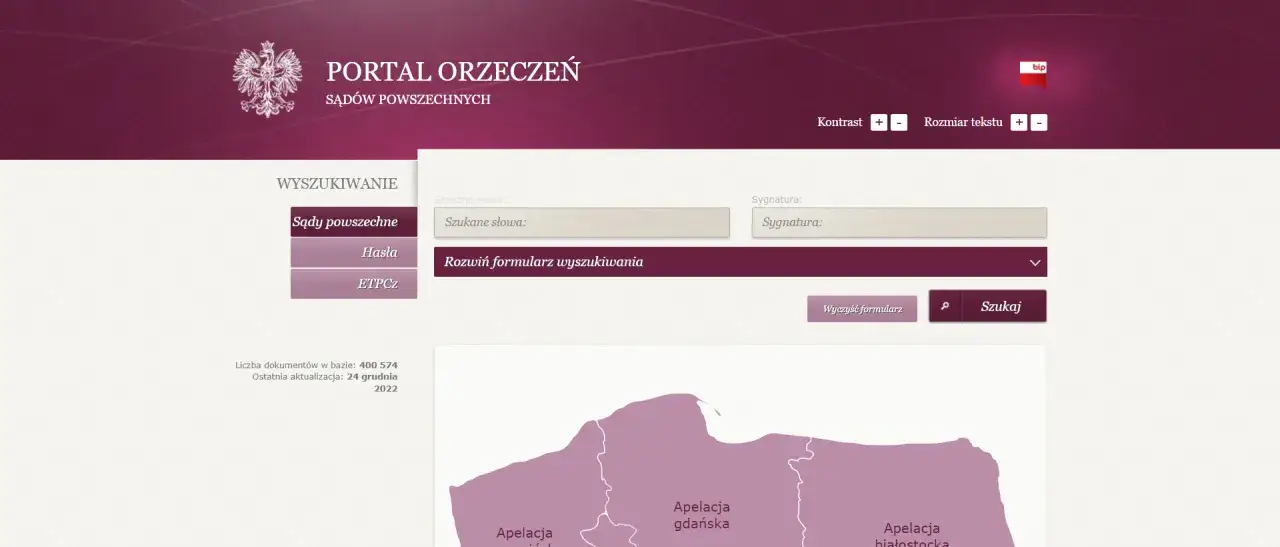 Portal Orzeczeń Sąd&oacute;w Powszechnych strona gł&oacute;wna