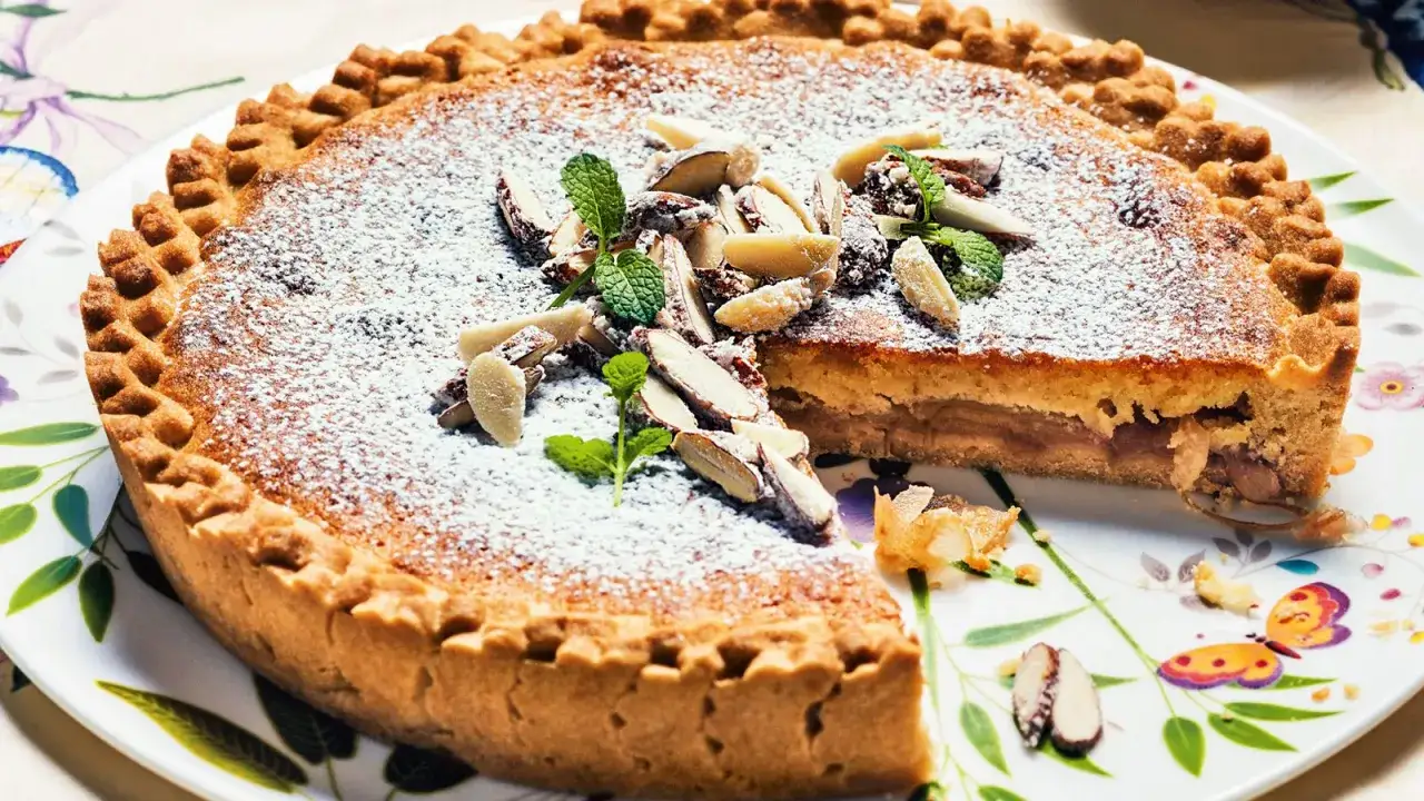 Deliziosa crostata frangipane con mandorle a lamelle e zucchero a velo, guarnita con menta fresca su un piatto fiorito.