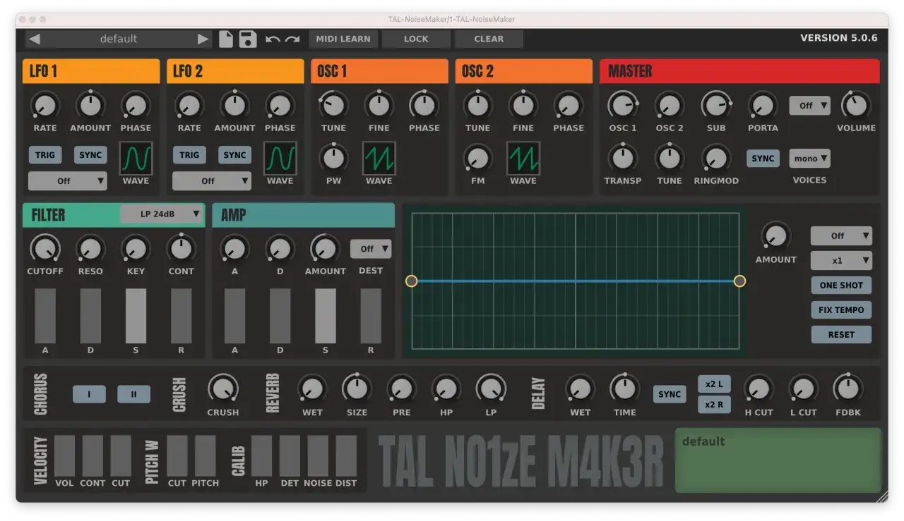Interfejs wtyczki TAL-NoiseMaker, jednego z najlepszych synth VST, z kontrolkami LFO, oscylator&oacute;w, filtra i efekt&oacute;w.
