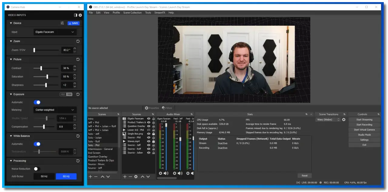 Elgato Camera Hub zeigt Einstellungen für Zoom, Bild und Belichtung einer Elgato Facecam.