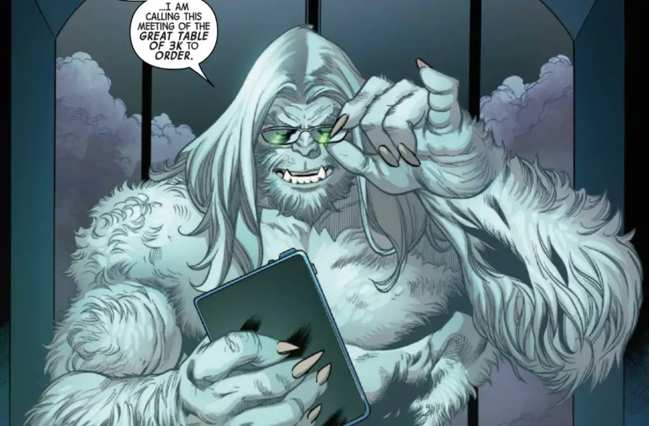 La bestia X-Men, con gafas y un teléfono, convoca una reunión.