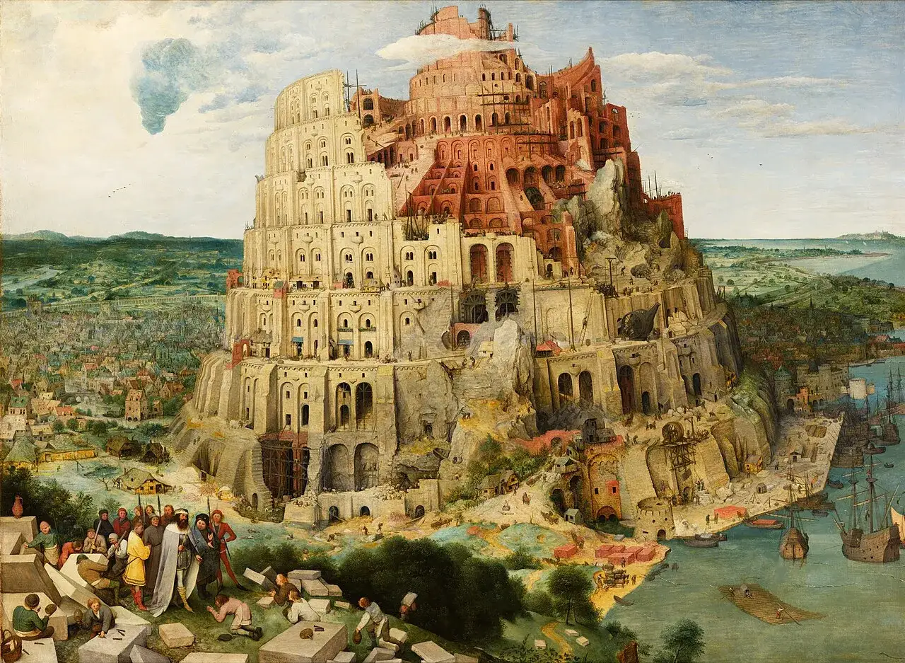 La torre di Babele, simbolo del significato metaforico dell'arroganza umana e della confusione delle lingue, si erge incompiuta su un paesaggio brulicante di attività.