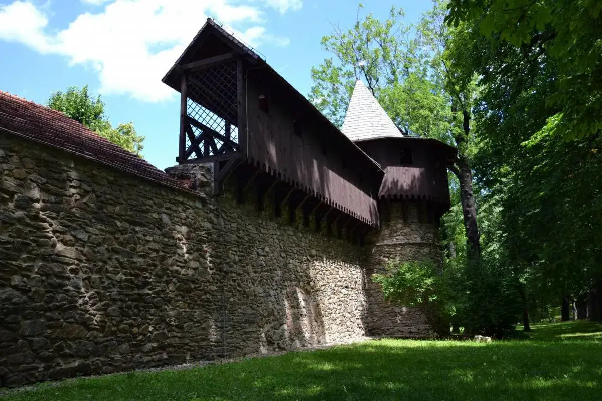 Kamienna ściana z drewnianą nadbudową i wieżą obronną, przypominającą polskie Carcassonne w Paczkowie.