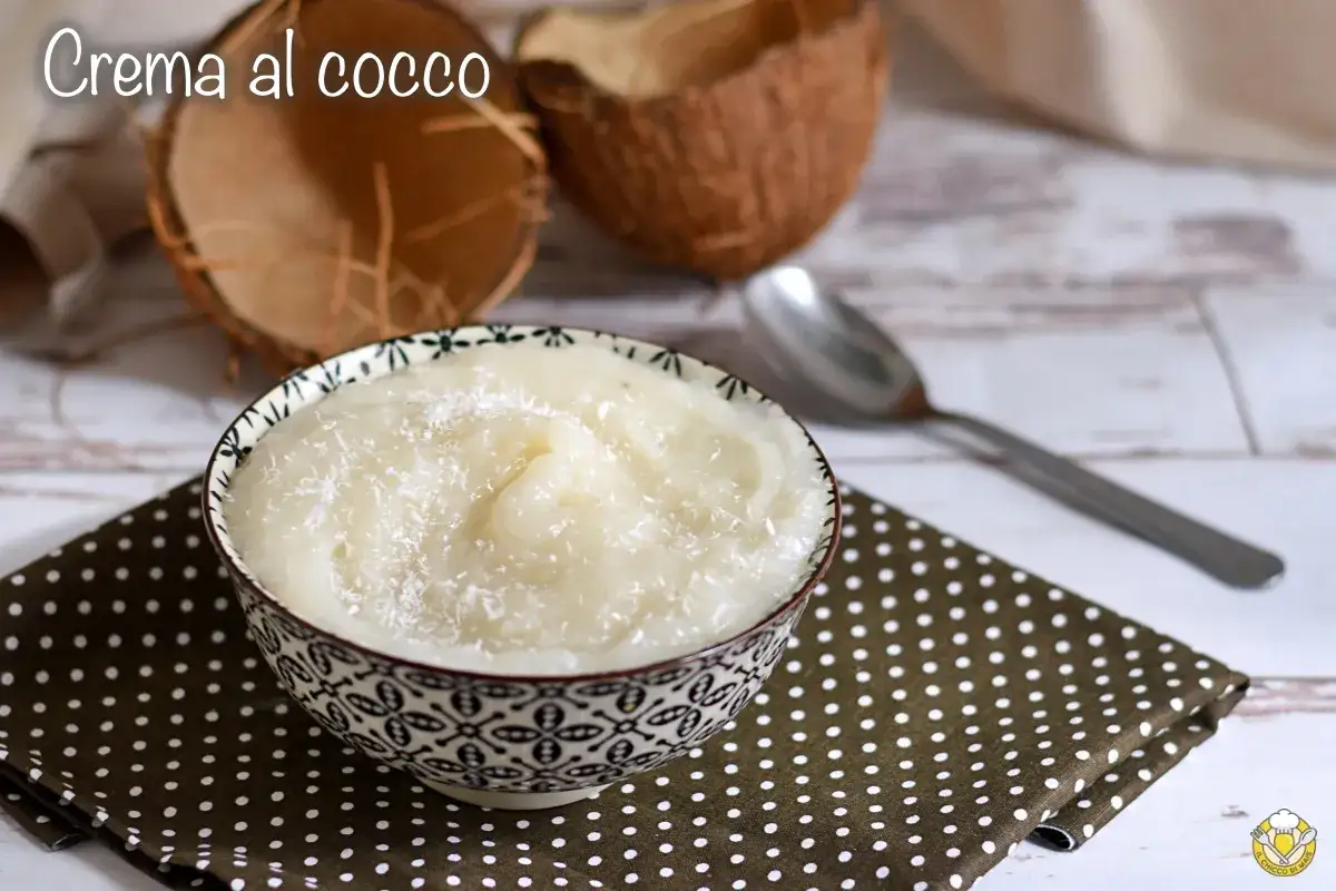 Una ciotola di deliziosa crema al cocco, guarnita con cocco grattugiato, accanto a gusci di cocco e un cucchiaio.