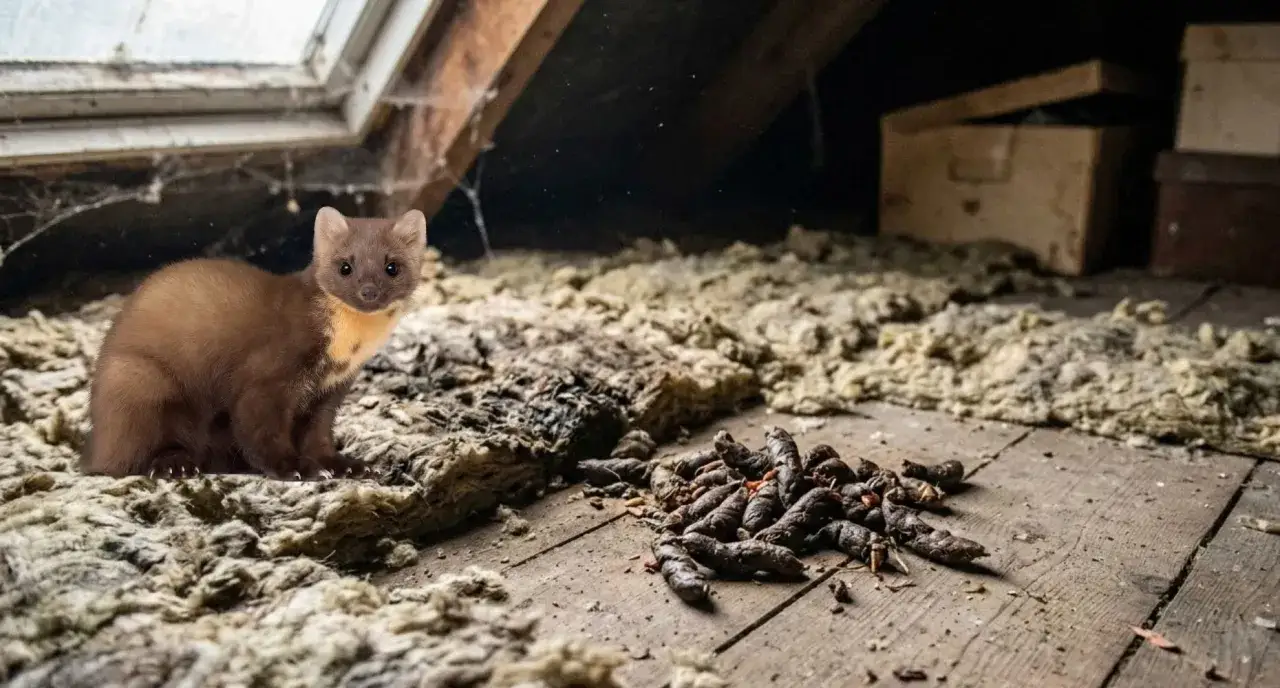 Mała kuna siedzi obok kupki odchodów kuny na strychu.
