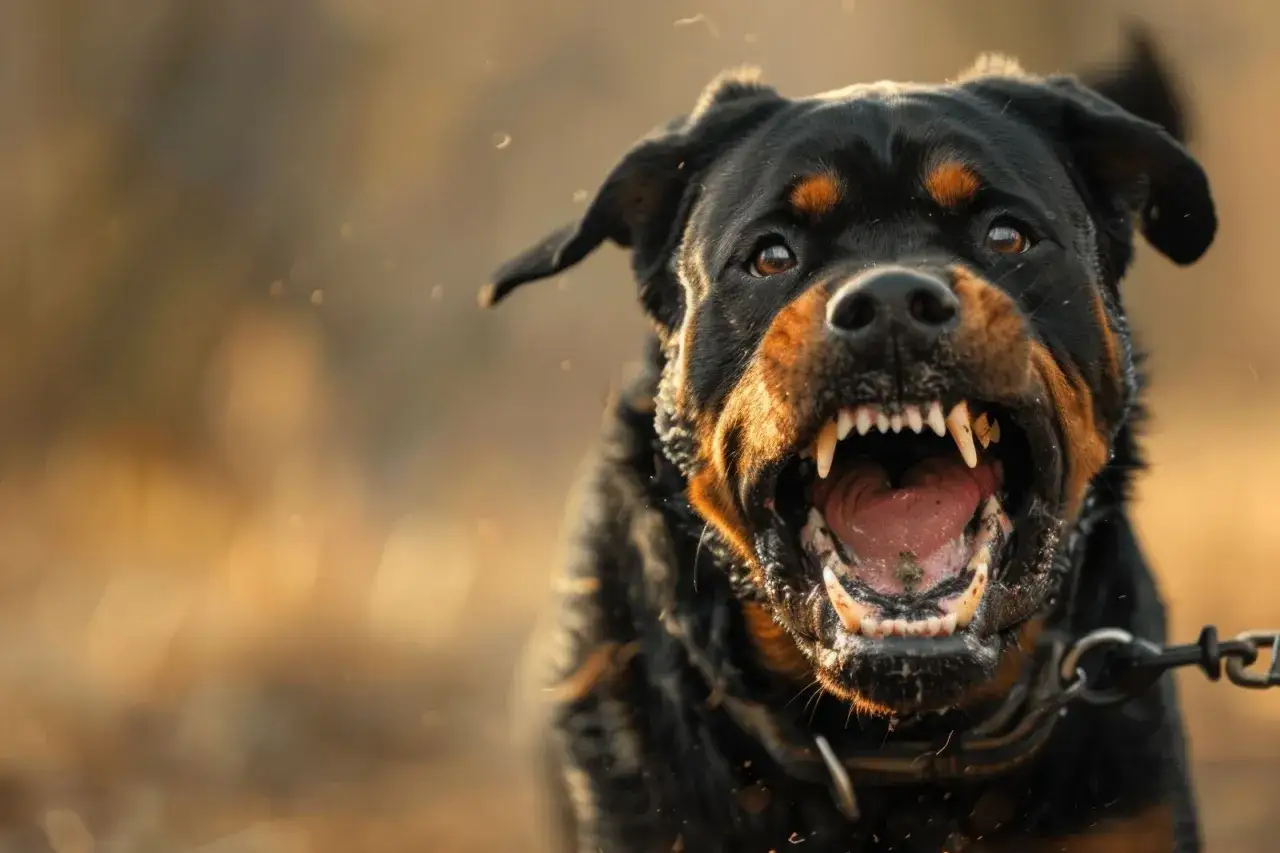 Grozny rottweiler pokazuje ostre kły, gotowy do obrony.