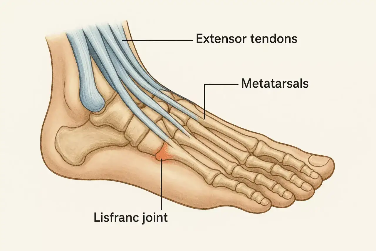 Illustrazione anatomica del piede con enfasi sull'articolazione di Lisfranc, sede comune di dolore piede sopra. Tendini estensori e metatarsi visibili.