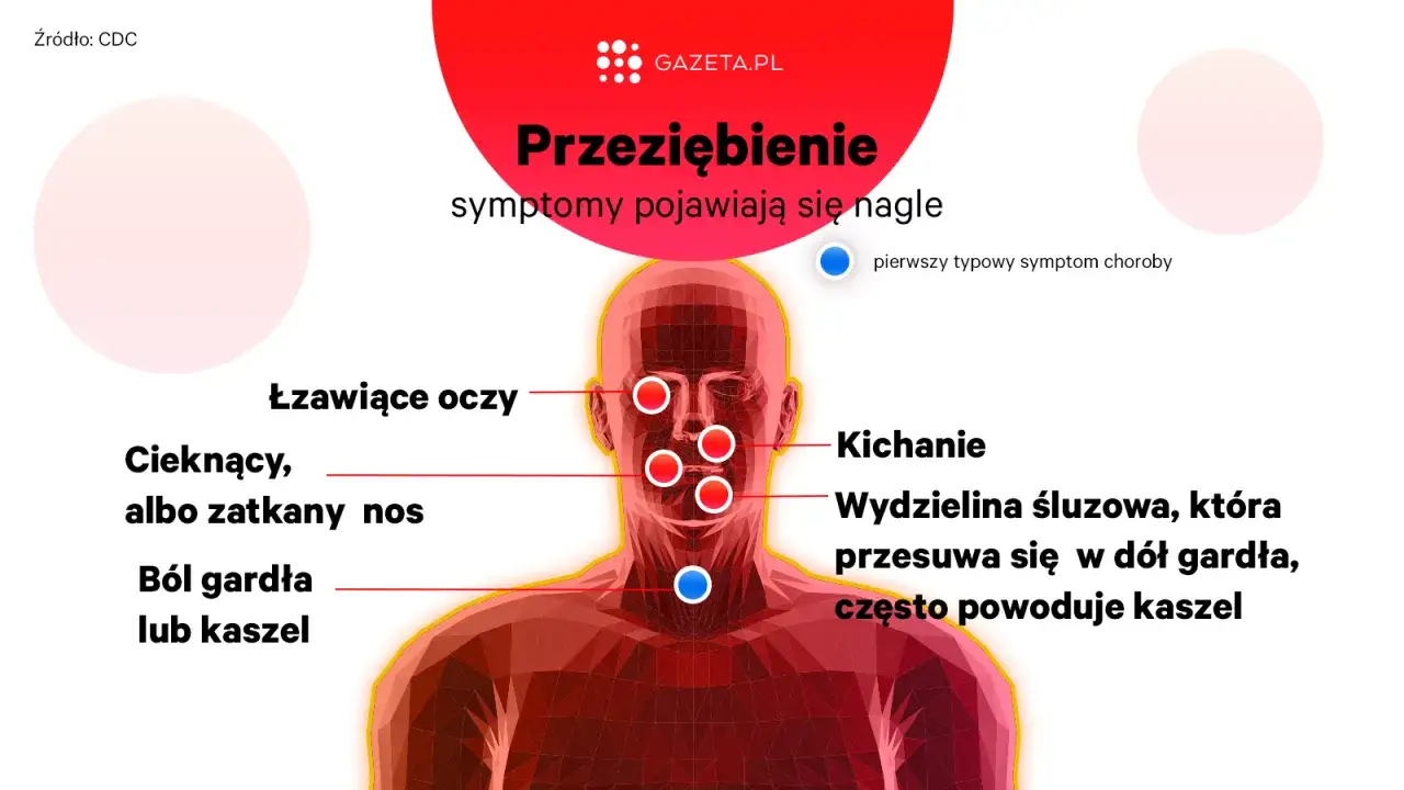 Grafika przedstawia objawy przeziębienia: łzawiące oczy, katar, ból gardła, kaszel, kichanie. Nowe objawy covid mogą być podobne.