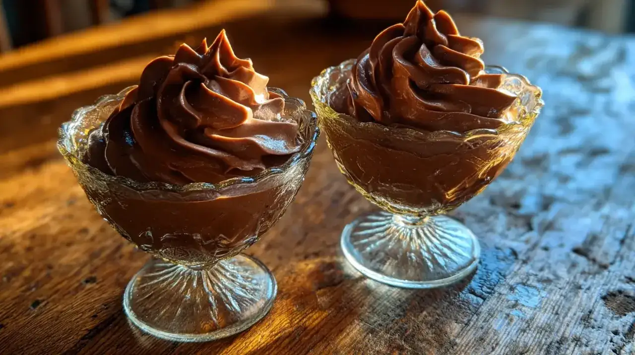 Deux coupes en verre orn&eacute;es contiennent une d&eacute;licieuse mousse au chocolat compacte, baign&eacute;e d'une lumi&egrave;re chaude.