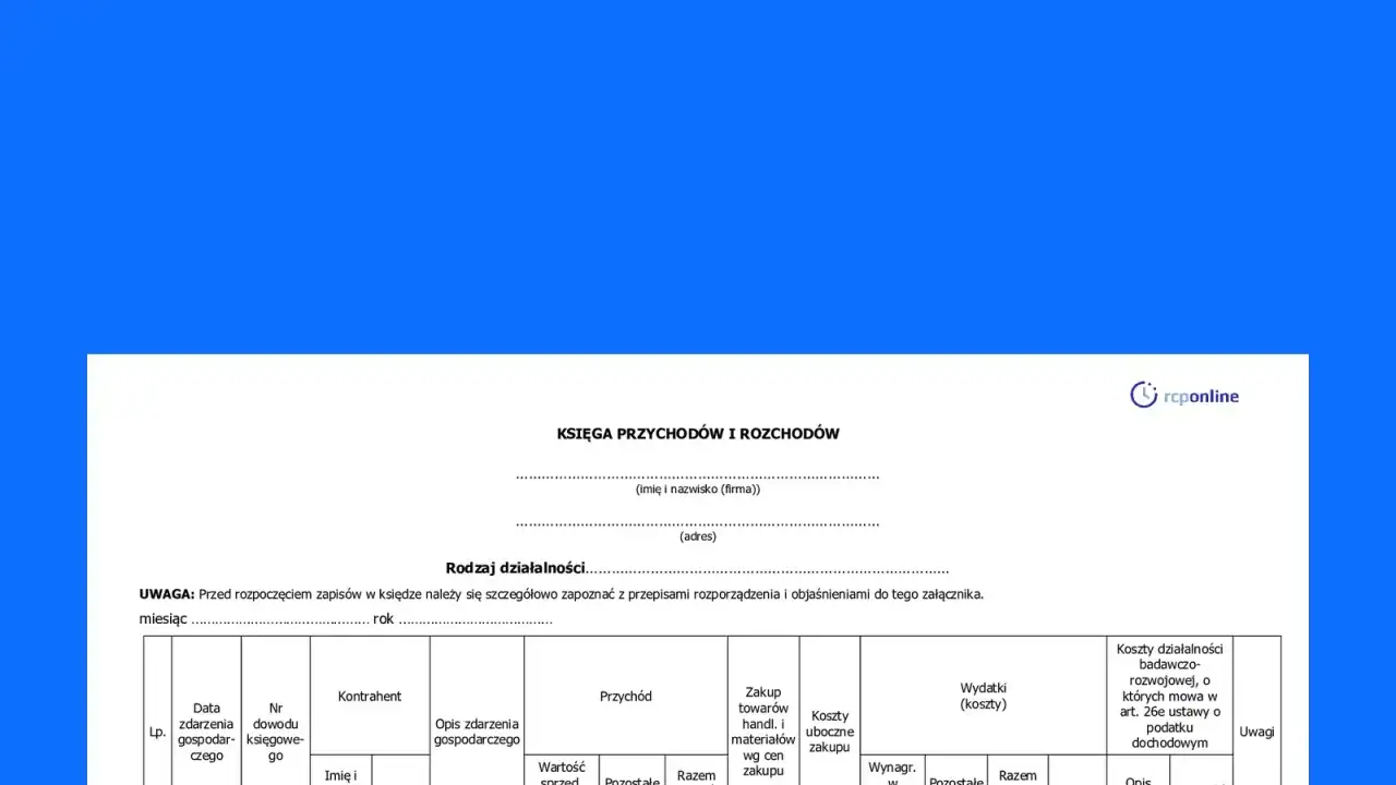 Księga przychodów i rozchodów (KPIR) - dokument księgowy. Widoczny formularz do wprowadzania danych.