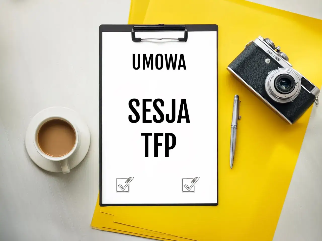 Umowa na sesję TFP gotowa do podpisania. Kawa i aparat czekają.