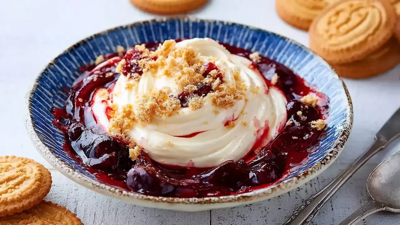 Ein cremiger, edler Nachtisch mit Kirschen und Keksbröseln in einer blauen Schale, daneben Butterkekse.