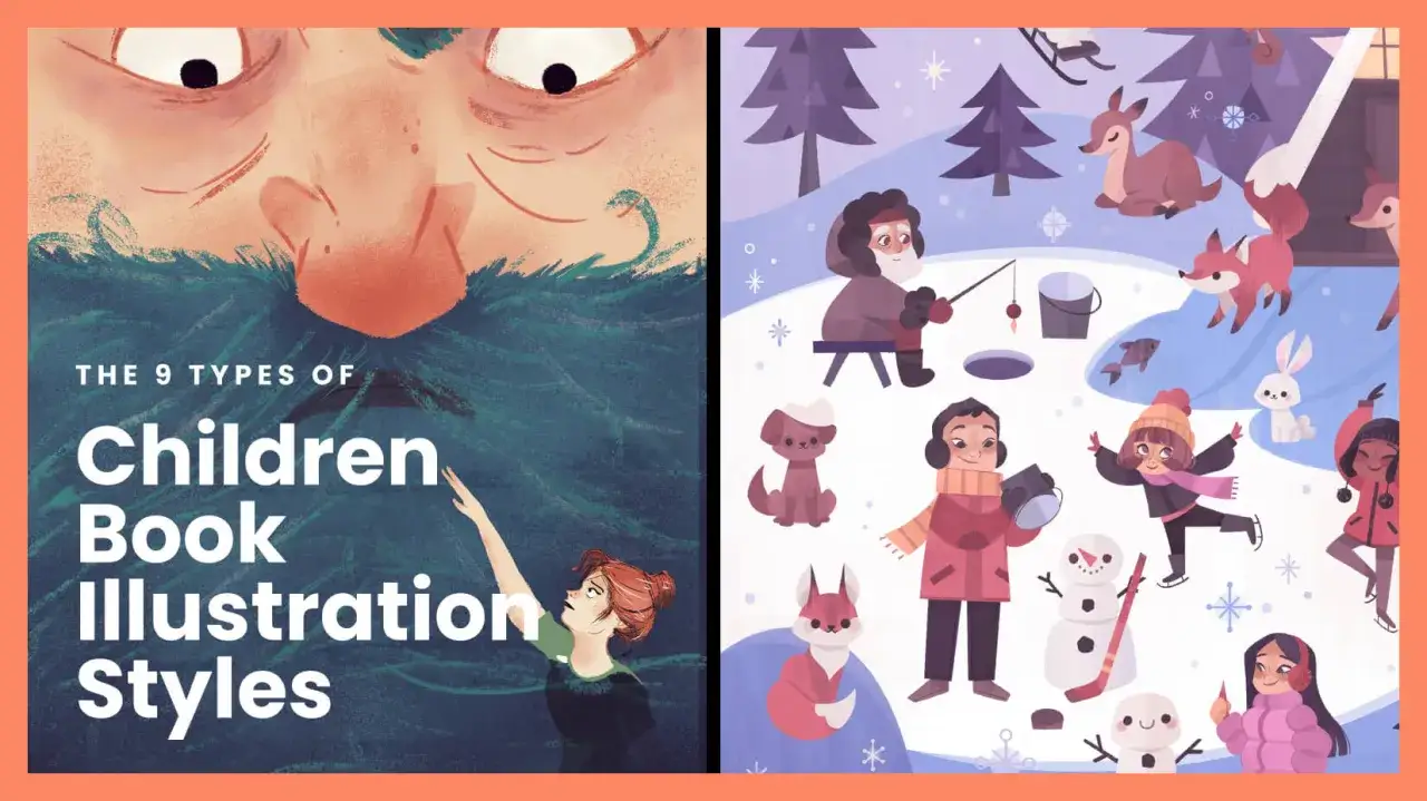 Two distinct illustration styles: a close-up of a giant's face and a whimsical winter scene with children and animals.